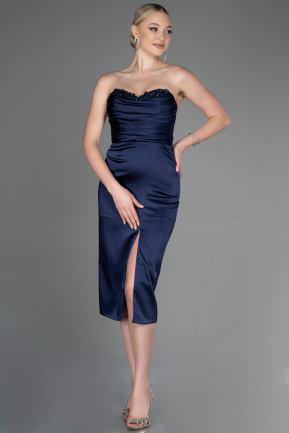 Миди Атласное Пригласительное Платье Темно-синий ABK1845