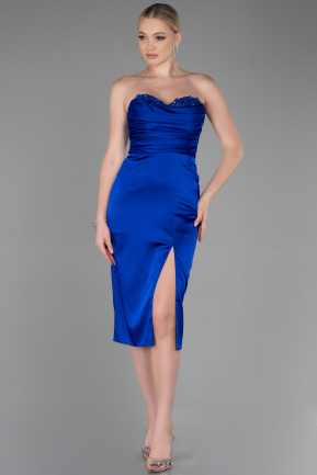 Миди Атласное Пригласительное Платье Ярко-синий ABK1845
