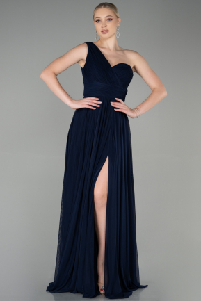 Длинное Шифоновое Вечернее Платье Темно-синий ABU3309
