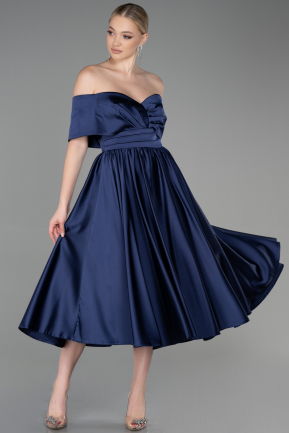 Миди Сатиновое Ночное Платье Темно-синий ABK1846
