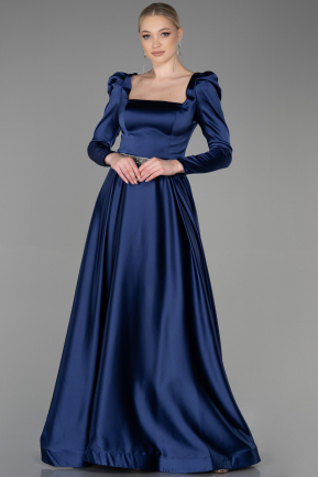 Длинное Атласное Вечернее Платье Темно-синий ABU3316