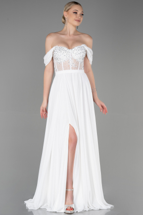 Длинное Шифоновое Вечернее Платье Белый ABU3310
