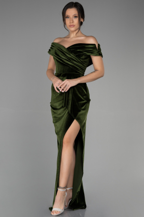 Длинное Велюровое Вечернее Платье Хаки ABU3330