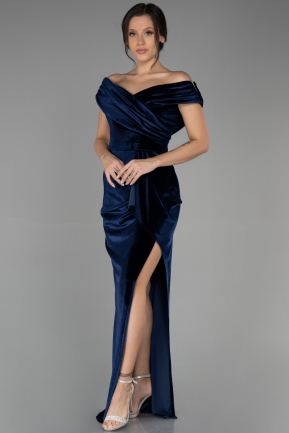 Длинное Велюровое Вечернее Платье Темно-синий ABU3330