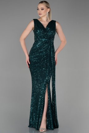 Длинное Чешуйчатое Вечернее Платье Изумрудно-зеленый ABU3201