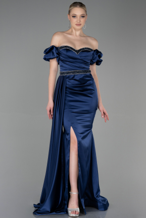 Длинное Атласное Вечернее Платье Темно-синий ABU3331