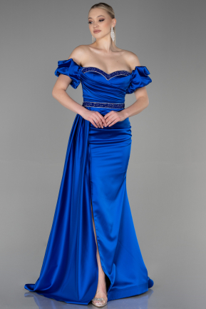 Длинное Атласное Вечернее Платье Ярко-синий ABU3331