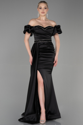 Длинное Атласное Вечернее Платье Черный ABU3331