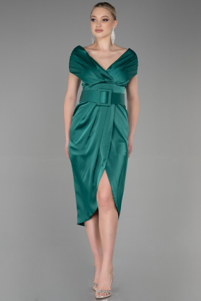 Миди Атласное Пригласительное Платье зелёный ABK1888