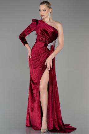 Длинное Велюровое Вечернее Платье Бордовый ABU2655