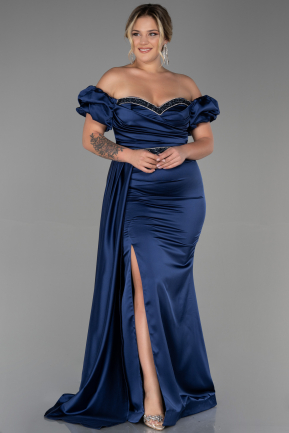 Большое Атласное Платье Темно-синий ABU3332