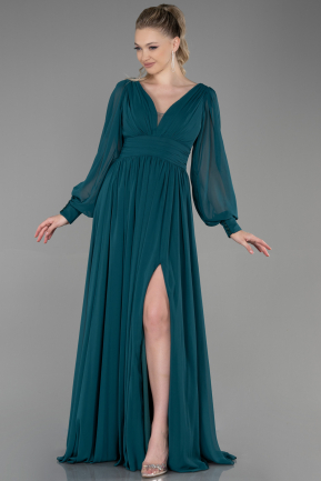 Длинное Шифоновое Вечернее Платье Изумрудно-зеленый ABU1702