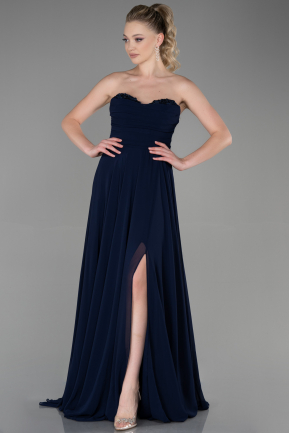 Длинное Шифоновое Вечернее Платье Темно-синий ABU3343