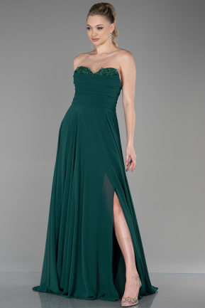 Длинное Шифоновое Вечернее Платье Изумрудно-зеленый ABU3343