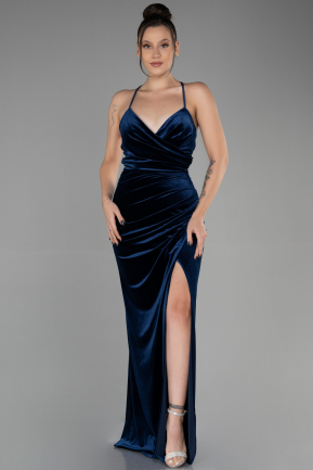 Длинное Велюровое Вечернее Платье Темно-синий ABU3366
