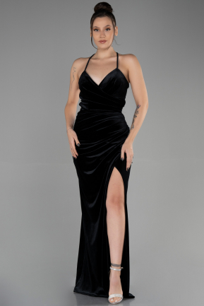 Длинное Велюровое Вечернее Платье Черный ABU3366