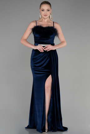 Длинное Велюровое Вечернее Платье Темно-синий ABU3387