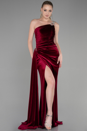 Длинное Велюровое Вечернее Платье Бордовый ABU3365