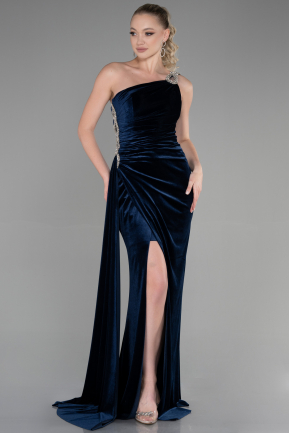 Длинное Велюровое Вечернее Платье Темно-синий ABU3365