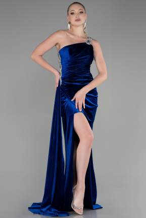 Длинное Велюровое Вечернее Платье Ярко-синий ABU3365