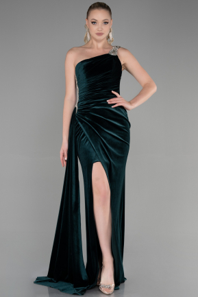 Длинное Велюровое Вечернее Платье Изумрудно-зеленый ABU3365