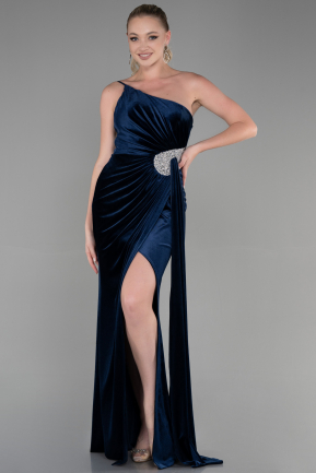 Длинное Велюровое Вечернее Платье Темно-синий ABU2626