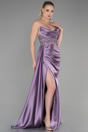 Длинное Атласное Вечернее Платье Лавандовый ABU3998