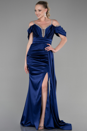 Длинное Атласное Вечернее Платье Темно-синий ABU3398
