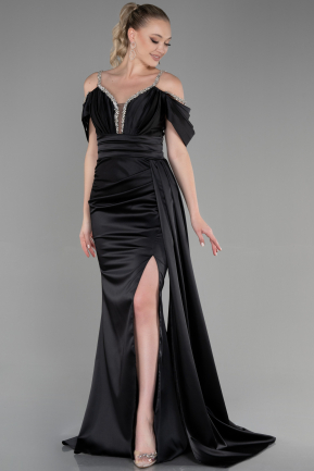 Длинное Атласное Вечернее Платье Черный ABU3398