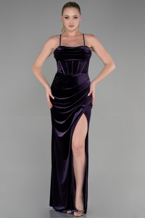 Длинное Велюровое Вечернее Платье Пурпурный ABU3395