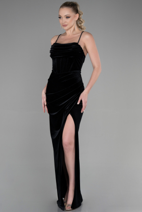 Длинное Велюровое Вечернее Платье Черный ABU3395