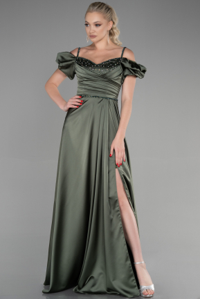 Длинное Атласное Вечернее Платье Хаки ABU3457