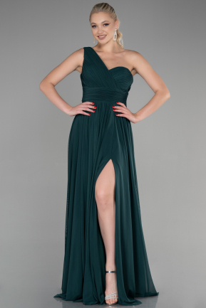 Длинное Шифоновое Вечернее Платье Изумрудно-зеленый ABU3309