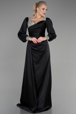 Длинное Атласное Вечернее Платье Черный ABU3318