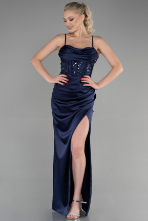 Длинное Атласное Вечернее Платье Темно-синий ABU3459