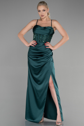 Длинное Атласное Вечернее Платье Изумрудно-зеленый ABU3459