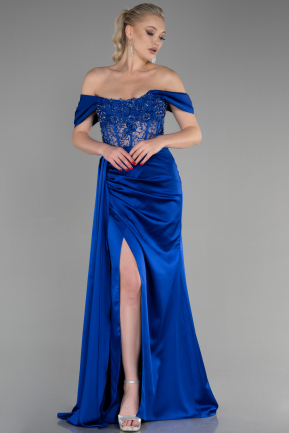 Длинное Атласное Вечернее Платье Ярко-синий ABU3454