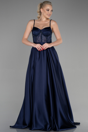 Длинное Атласное Вечернее Платье Темно-синий ABU3455