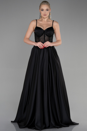 Длинное Атласное Вечернее Платье Черный ABU3455
