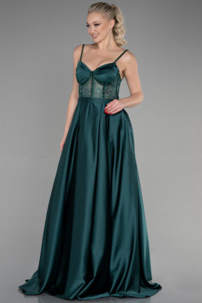 Длинное Атласное Вечернее Платье Изумрудно-зеленый ABU3455