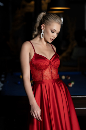 Длинное Атласное Вечернее Платье красный ABU3455