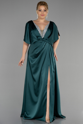 Длинное Сатиновое Платье Плюс-Сайз Для Помолвки Изумрудно-зеленый ABU3442