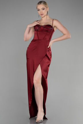 Длинное Атласное Вечернее Платье Бордовый ABU3390
