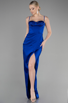 Длинное Атласное Вечернее Платье Ярко-синий ABU3390