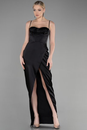 Длинное Атласное Вечернее Платье Черный ABU3390