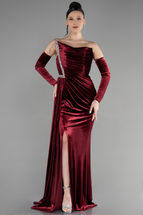 Длинное Велюровое Вечернее Платье Бордовый ABU3364