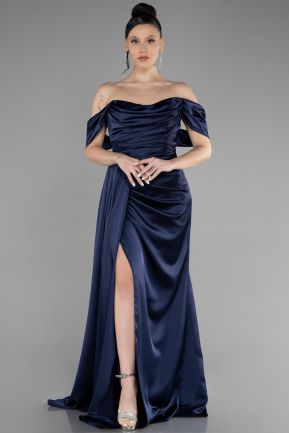 Платья на Выпускной Длинный Атласный Темно-синий ABU3514