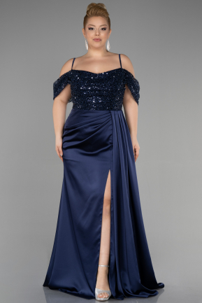 Вечернее платье большого размера Длинный Атласный Темно-синий ABU3522