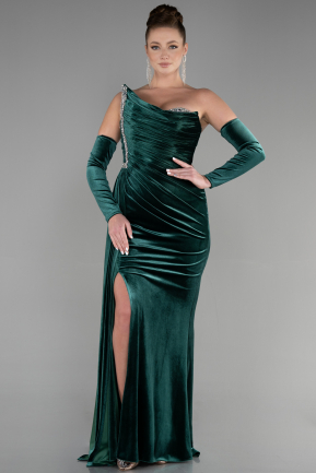 Длинное Велюровое Вечернее Платье Изумрудно-зеленый ABU3364