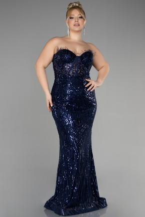 Платье для помолвки большого размера Длинный Чешуйчатый Темно-синий ABU3552